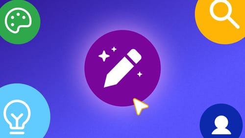 A pen icon with sparkles in the center of icons like a user, lightbulb, and search.