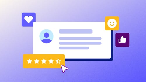 A customer review with floating icons like a star selector, heart, thumbs up, and smiley face.