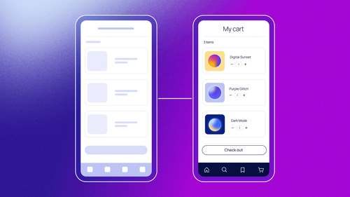 A wireframe to finished product of a cart on a mobile app.