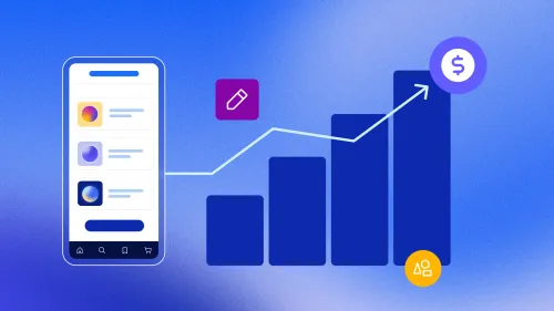 A mobile app next to a bar chart with increasing amounts.