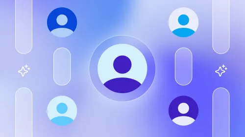 User icons with downward rows of pills and AI sparkle icons on a blue and purple gradient.