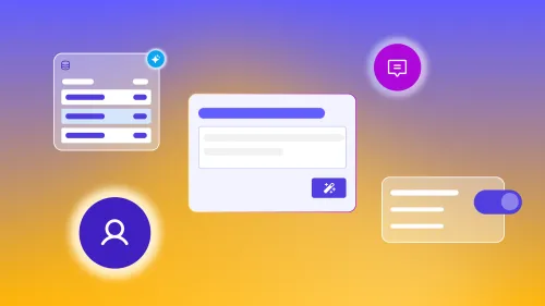 Modules like a database, toggle, and prompt floating on a yellow and purple gradient
