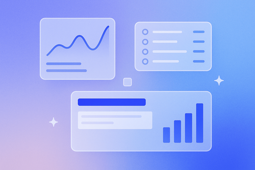 Different windows, including a checklist, a line graph, and a bar chart floating on a gradient background