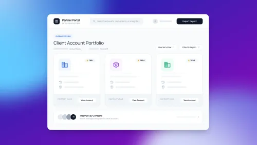 Partner Portal enterprise dashboard showing Client Account Portfolio with tiered account cards, search bar, quarterly view filter, and Export Report button