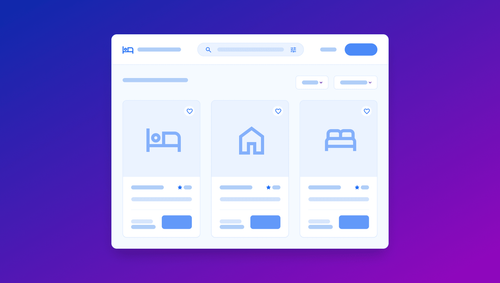 Hotel booking app UI mockup with search bar, filters, and three listing cards with bed and home icons and favorite heart buttons