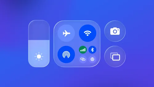 iPhone Control Center icons with brightness slider, Airplane Mode, Wi‑Fi, Bluetooth, camera, and screen mirroring on blue background